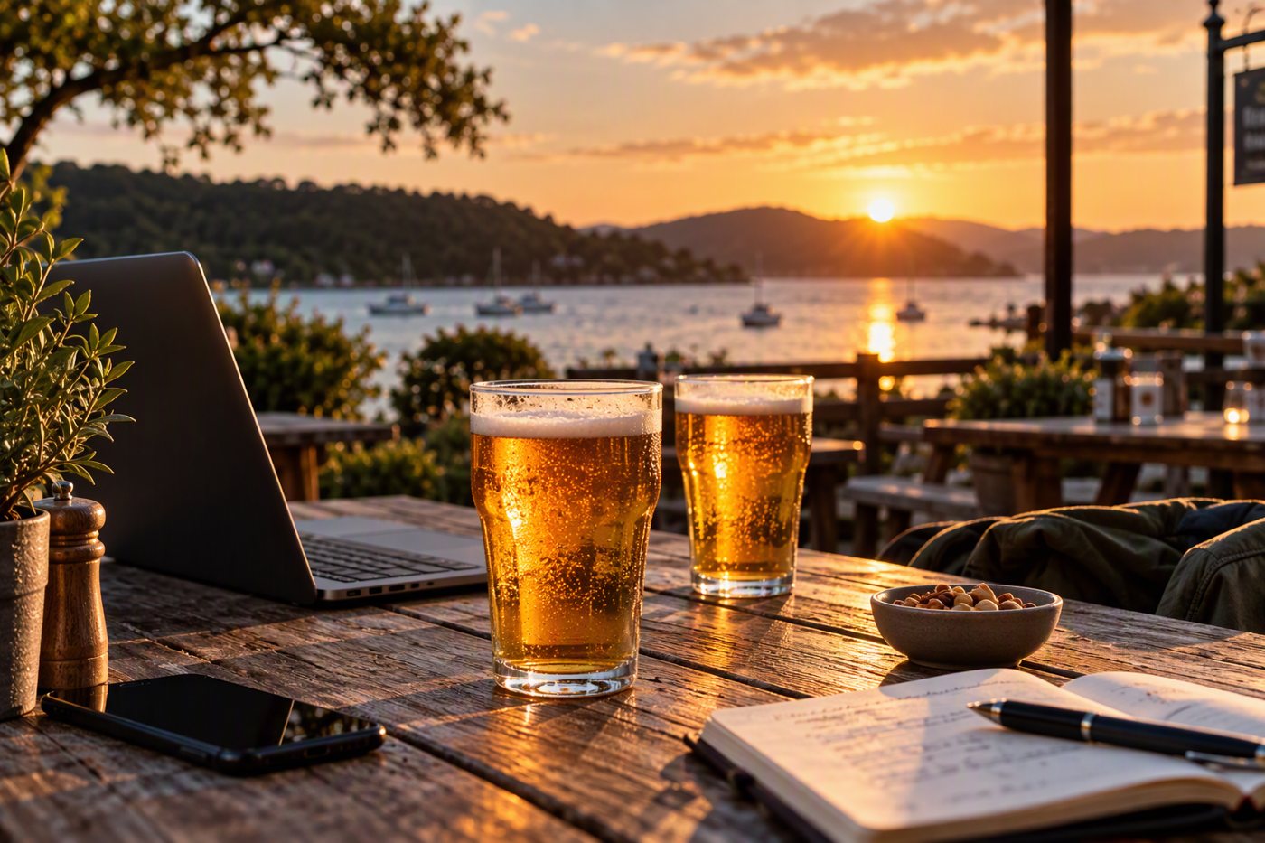 Two beers and a notebook on a pub table at sunset